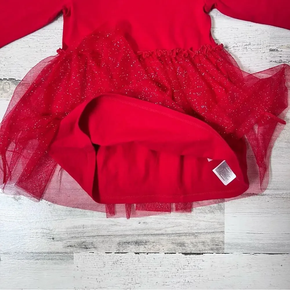 🌵3/$20 H&M Girls Dress Size 18M Red Glitter Tulle Holiday Long Sleeve Party